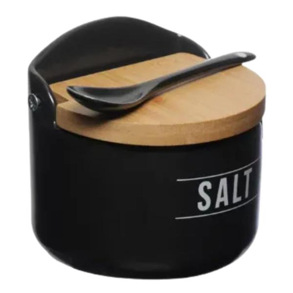 Imagem de Saleiro de Cozinha de Porcelana Preto Premium Salt 290ml com Tampa e Colher de Bambu