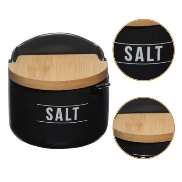 Imagem de Saleiro de Cozinha de Porcelana Preto Premium Salt 290ml com Tampa e Colher de Bambu