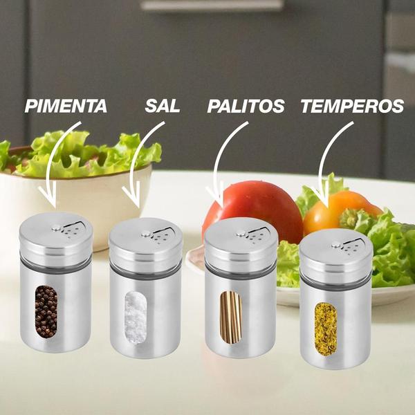 Imagem de Saleiro De Cozinha Inox Temperos Condimentos Pimenteiro Paliteiro Porta Sal Pimenta Vidro Tampa Organizador