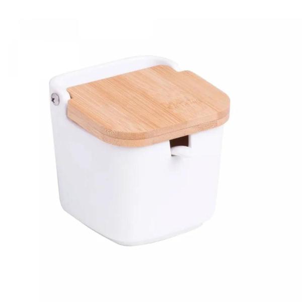 Imagem de Saleiro de Mesa de Cerâmica Branco com Tampa de Bambu e Colher LYOR 11 cm x 12 cm x 12,5 cm