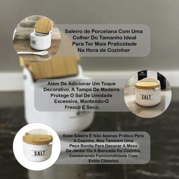 Imagem de Saleiro De Porcelana Decorativo Cozinha Mesa Porta Condimento Temperos Especiarias Com Tampa Bambu