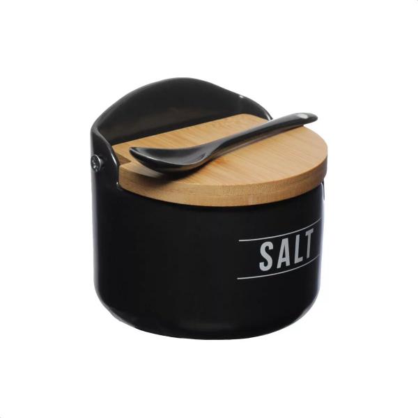 Saleiro de Porcelana e Bambu com colher Preto Manhattan Hauskraft Imagem de Saleiro de Porcelana e Bambu com colher Preto Manhattan Hauskraft