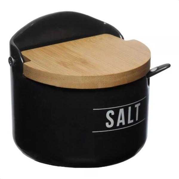 Saleiro de Porcelana e Bambu com colher Preto Manhattan Hauskraft Imagem de Saleiro de Porcelana e Bambu com colher Preto Manhattan Hauskraft