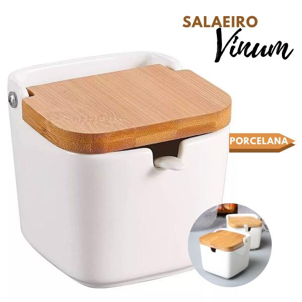 Imagem de Saleiro Porcelana Premium Mesa Colher Tampa Bambu 315gr