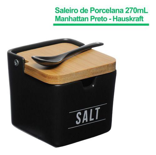 Imagem de Saleiro Porcelana Preto Com Colher Tampa De Bambu Manhattan Hauskraft