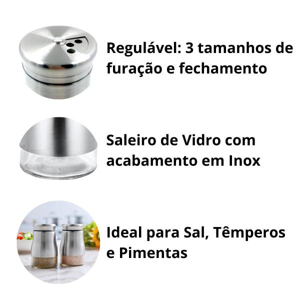 Imagem de Saleiro Porta Condimentos e Temperos de Vidro e Inox