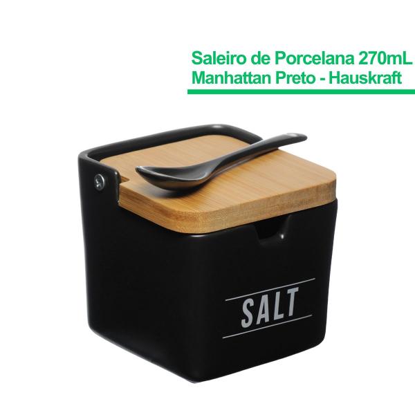 Imagem de Saleiro Premium Em Porcelana Manhattan Com Tampa De Bambu Preto