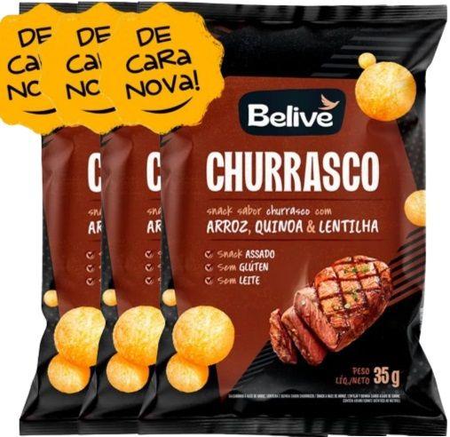 Imagem de Salgadinho de Arroz, Quinoa e Lentilha Belive Zero Glúten Zero Lactose Churrasco contendo 3 pacotes de 35g cada