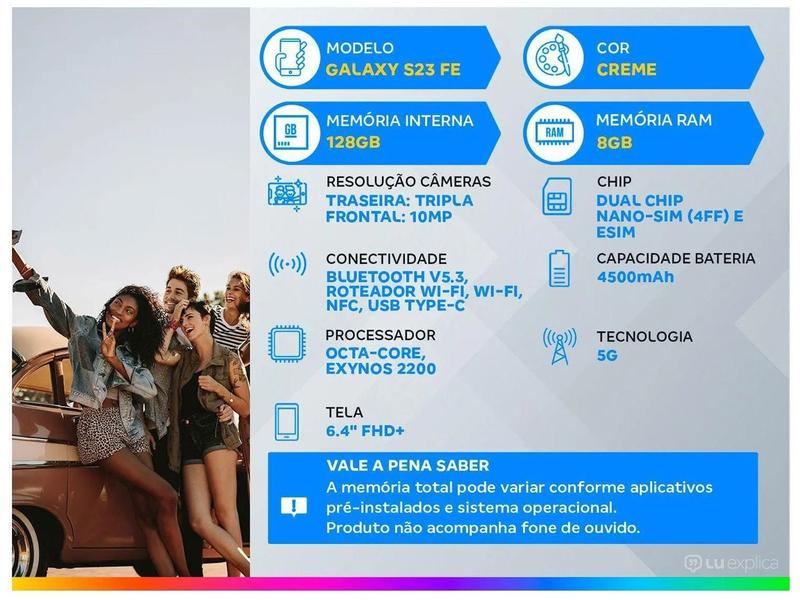 Samsung Galaxy S23 FE 5G Smartphone Android - 128GB Creme + Watch FE 40mm Azul 16GB Imagem de Samsung Galaxy S23 FE 5G Smartphone Android
