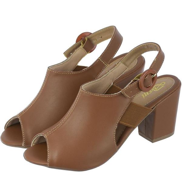 Sandália Salto Grosso Média Fechada Elástico Marrom Sandália