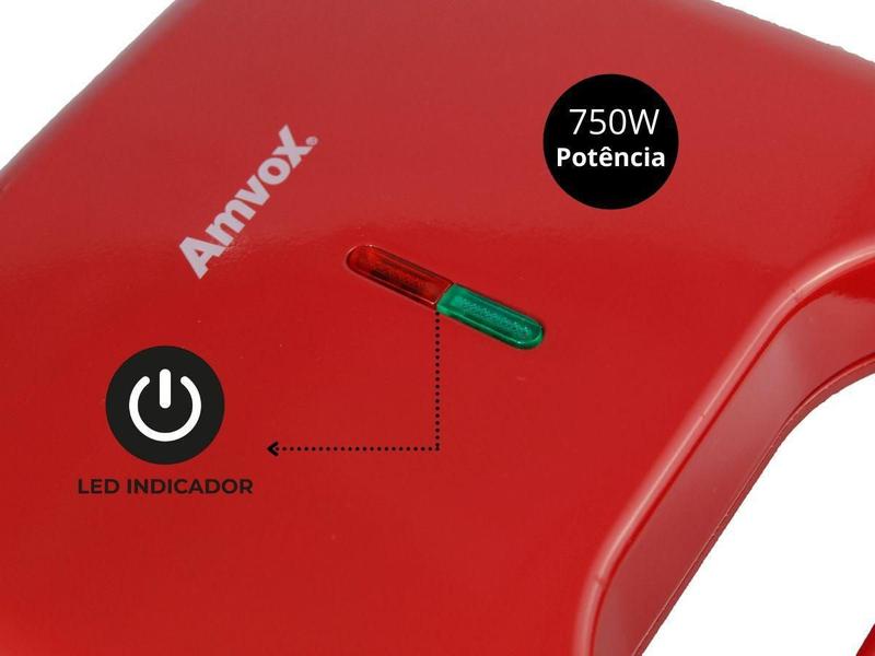 Imagem de Sanduicheira e Grill Elétrica Amvox 750W Antiaderente Vermelha 370 Red 220V