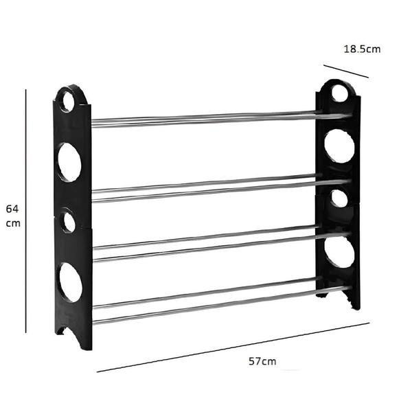 Imagem de Sapateira 12 pares grande ampliavel empilhavel estante desmontavel 4 prateleiras em aluminio organizadora preta