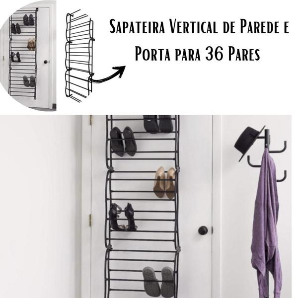 Imagem de Sapateira Vertical de Parede e Porta guarda roupa para 36 Pares sapatos calçados Preta