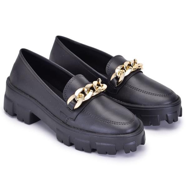 Sapato Feminino Mocassim Salto Tratorado Conforto Corrente