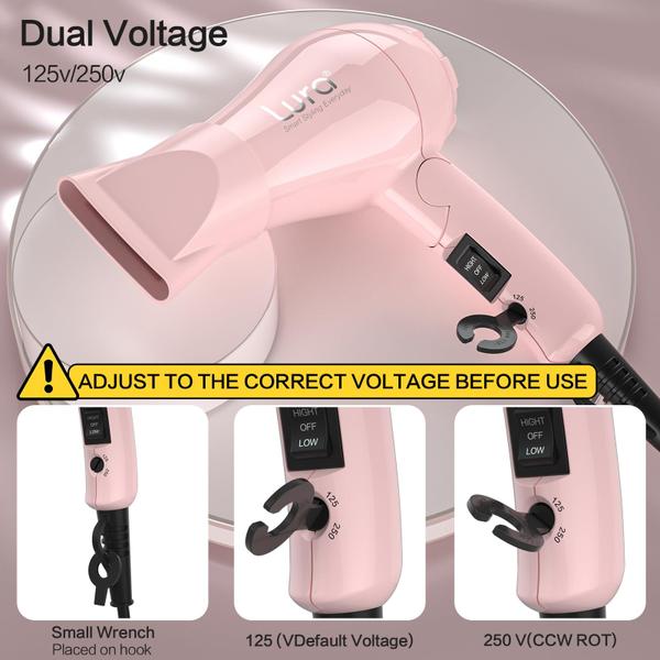 Imagem de Secador de cabelo de viagem LURA Dobrável Mini Dual Voltage 1200 W rosa