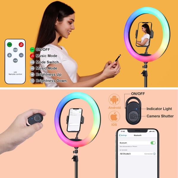 Imagem de Selfie Ring Light Herrfilk 12 com suporte de tripé de 75 cm e 2 suportes para telefone