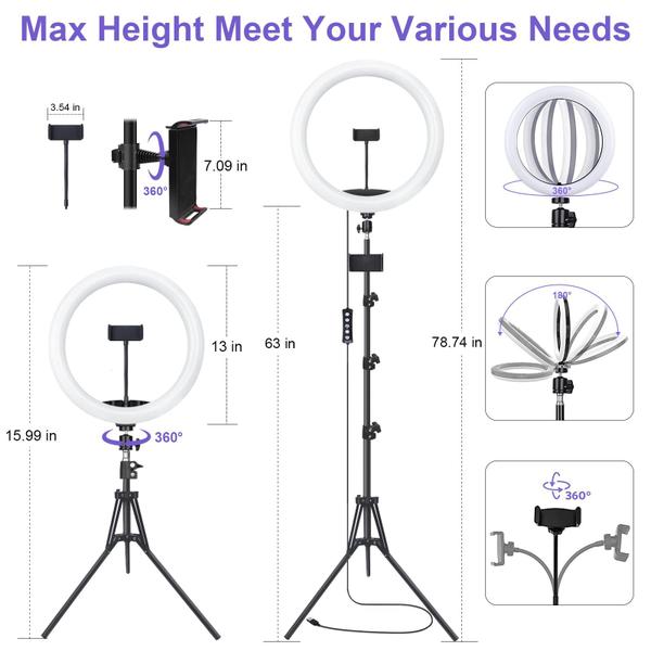 Imagem de Selfie Ring Light Herrfilk 12 com suporte de tripé de 75 cm e 2 suportes para telefone