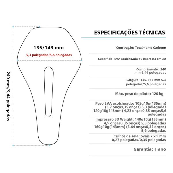 Imagem de Selim de Bicicleta 3D Impresso em Carbono Ultraleve (135/143mm, 105g)