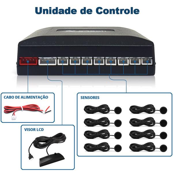 Imagem de Sensor Dianteiro e Traseiro Preto Fosco Chevrolet S10 1995 1996 1997 1998 1999 2000 Estacionamento Frontal Ré 8 Oito Pontos Aviso Sonoro Distância