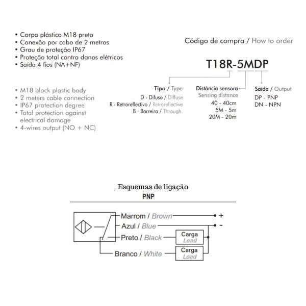 Imagem de Sensor Fotoeletrico Difuso Metaltex T18D-40DP PNP 