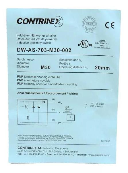 Imagem de Sensor Indutivo Contrinex Dw-As-703-M30-002 M30 Ip68 30V