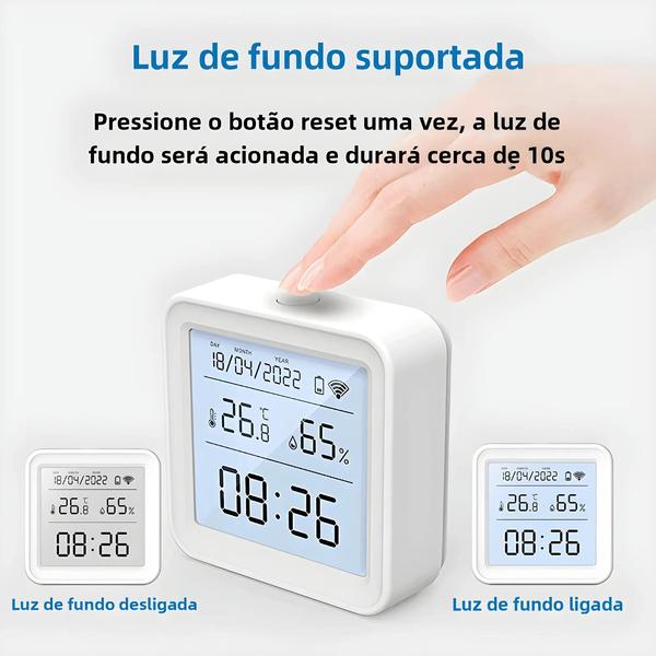 Imagem de Sensor Inteligente Wi-Fi de Temperatura e Umidade - Higrômetro com Termômetro e Luz de Fundo (Compatível com Alexa e Google)