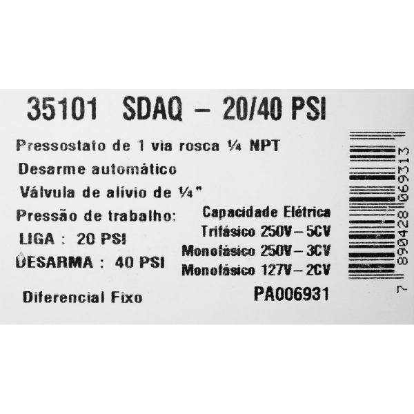 Imagem de Sensor Pressostato Ar E Água Sdaq 20/40 Psi 35101 Margirius