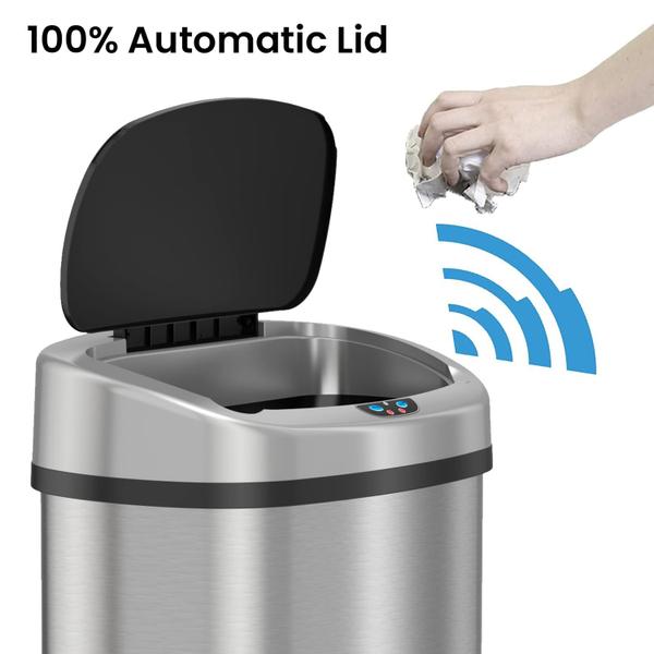 Imagem de SensorCan 13 Gallon Battery-FREE Sensor Automático Cozinha Trash Can com adaptador de energia, forma oval de aço inoxidável lixeira com plugue AC