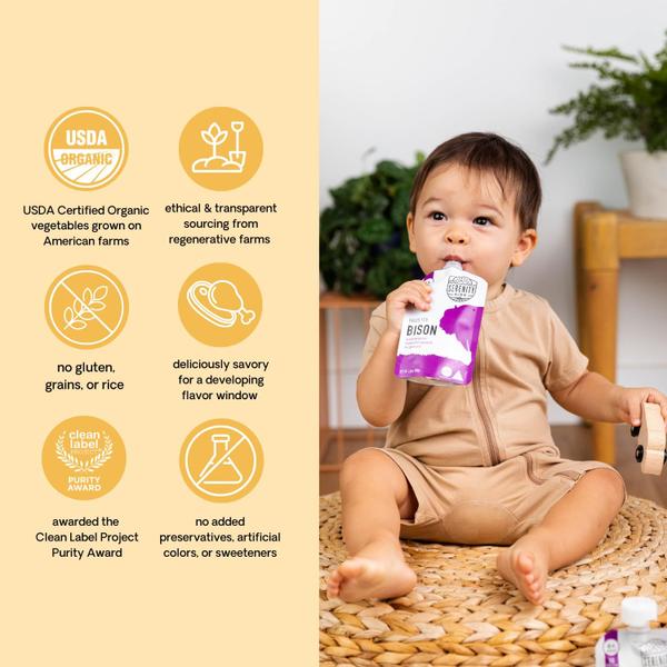 Imagem de Serenity Kids 6+ Meses Baby Food Pouches Purê feito com carnes eticamente originadas e vegetais orgânicos  Bolsa sem BPA de 3,5 onças  Grass Fed Bison, Kabocha Squash, Espinafre  6 Conde