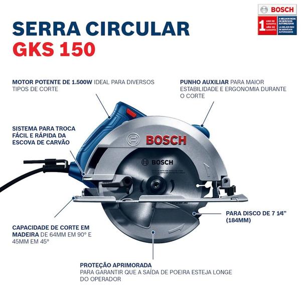 Imagem de Serra circular para madeira 7.1/4" 1.500W com disco - GKS 150 - Bosch