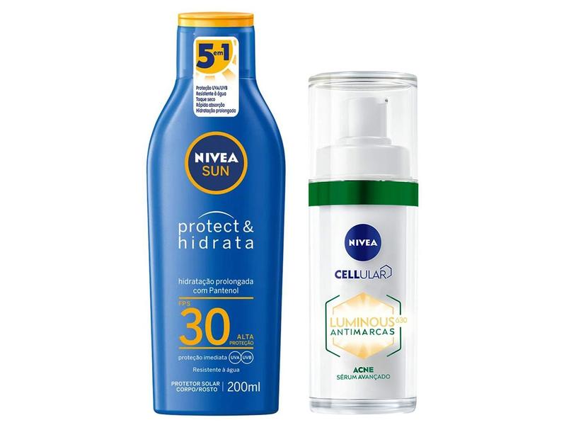 Sérum Facial Nivea Antimarcas Luminous 630 Acne - 30ml + Protetor Solar Corporal Nivea FPS... Sérum Facial Nivea Antimarcas Luminous 630 Acne - 30ml + Protetor Solar Corporal Nivea FPS...