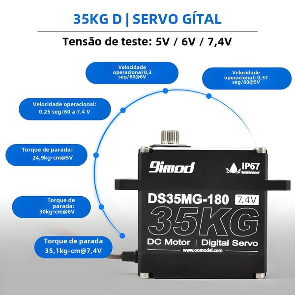 Imagem de Servo Impermeável de Alto Torque 35kg - Engrenagem de Aço Inoxidável (180°/270°)