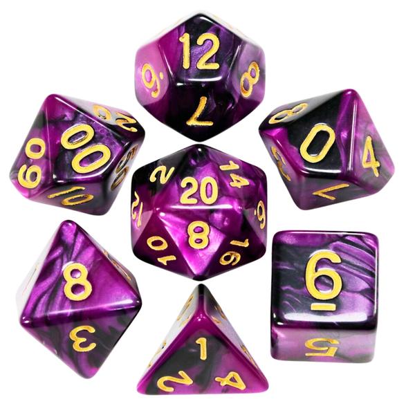 Imagem de Sete 7 Dados Rpg Roxo Dourado D4 D6 D8 D10 D10% D12 D20