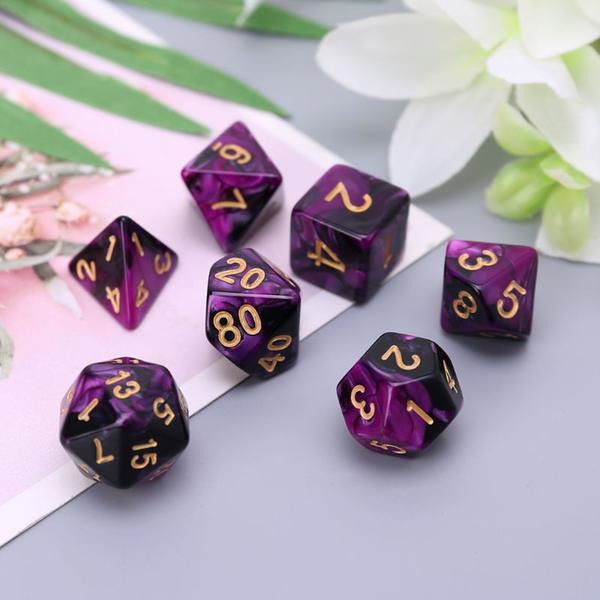 Imagem de Sete 7 Dados Rpg Roxo Dourado D4 D6 D8 D10 D10% D12 D20