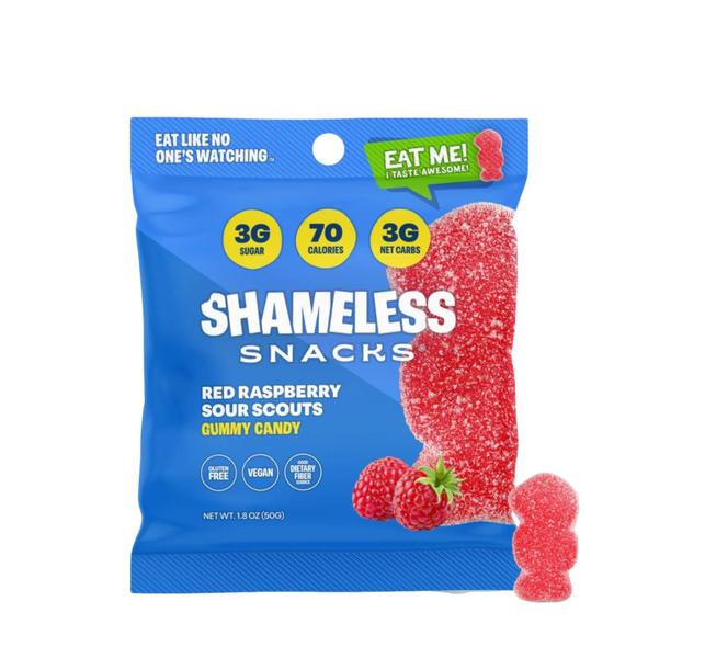 Shameless Snacks Red Raspberry Sour Scouts Goma framboesa Vermelha Imagem de Shameless Snacks Red Raspberry Sour Scouts Goma framboesa Vermelha