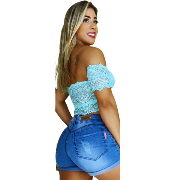 Imagem de Short Feminino Jeans Destroyed Barra Dobrada Claro Curto 4 Botões