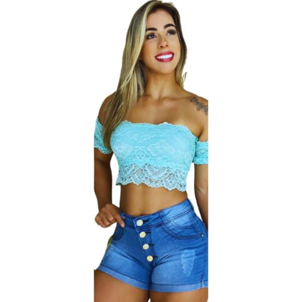 Imagem de Short Feminino Jeans Destroyed Barra Dobrada Claro Curto 4 Botões