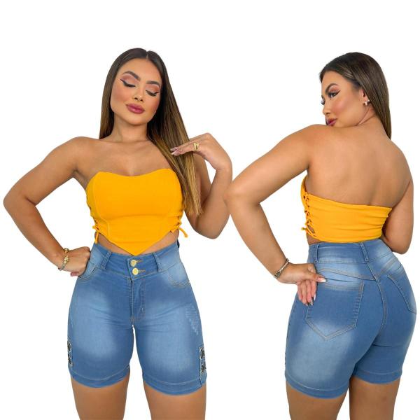 Imagem de Short Jeans Feminino Meia Coxa Detalhe Ilhós Lycra Pedalete Modelo Ciclista