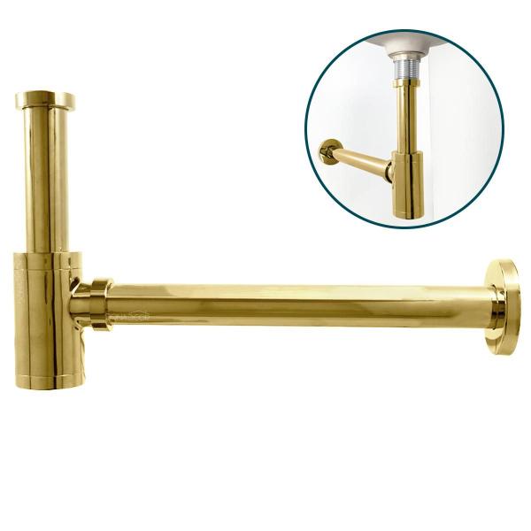 Imagem de Sifão Copo Dourado Premium 1 1/4 Lavatorio Banheiro Cuba Pia Luxo Sifão Metal Gold Com Copo Reto Parede Lavabo Linha Premium Dourado Brilhoso