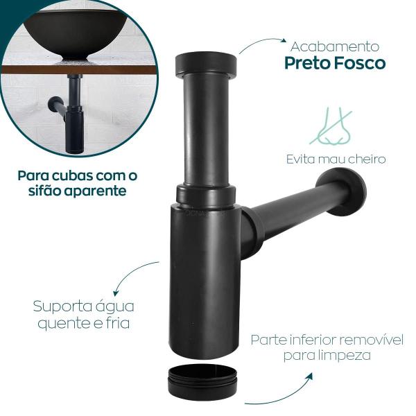 Imagem de Sifão Copo Preto Quadrado Inox 304 Universal Banheiro Cuba Aparente Lavabo Sifao Metal De Parede Pia Suspensa 7/8 e 1 1/4 Cuba Lavatorio Black Fosco