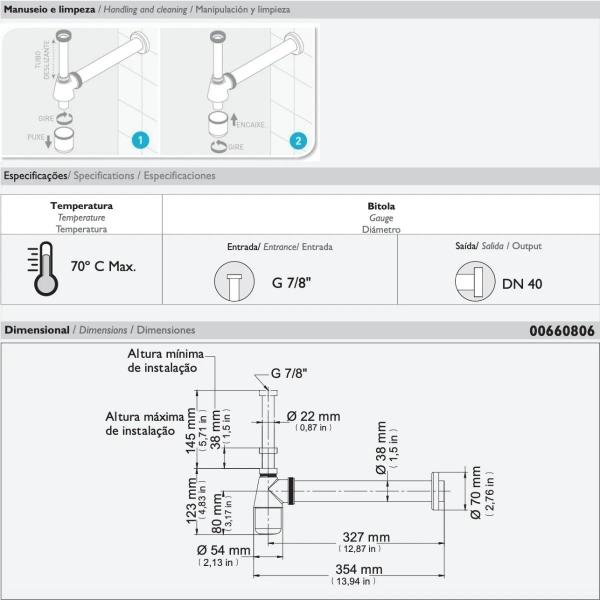 Imagem de Sifão Lavatório Docol Cromado Metal Banheiro 660806 7/8'' DN40