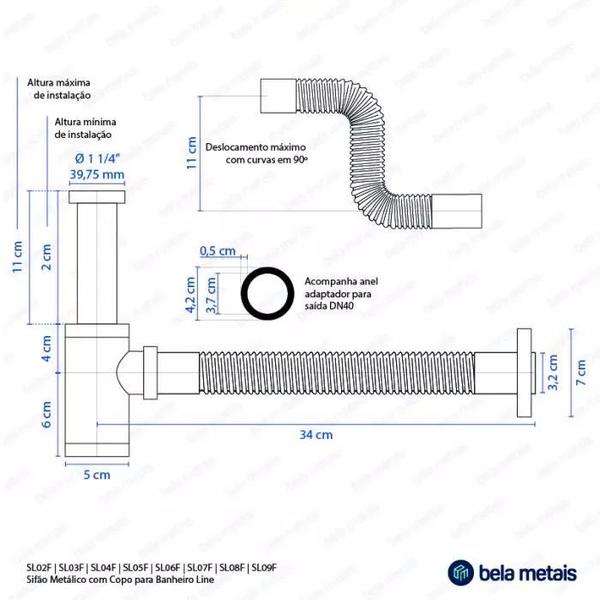 Imagem de Sifão Metálico Flexível com Copo para Banheiro Line Preto para Válvula de 1.1/4"