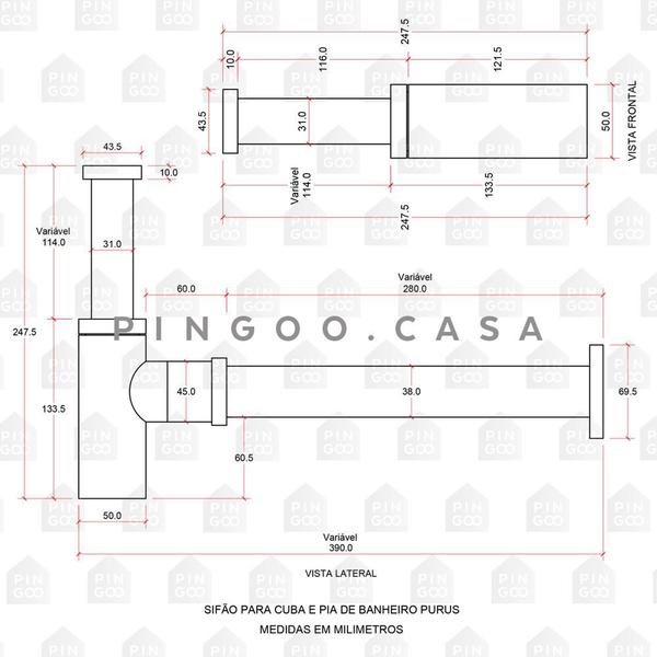 Imagem de Sifão Para Cuba E Pia De Banheiro Purus Pingoo.casa - Preto