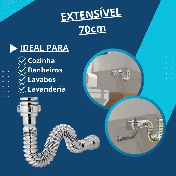 Imagem de Sifão Para Pia De Cozinha Banheiro Tanque Universal Flexível Cromado Metalizado