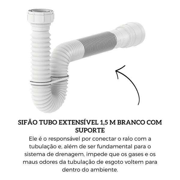 Imagem de Sifão Tubo Universal Extensível 1,5 M Branco Com Suporte