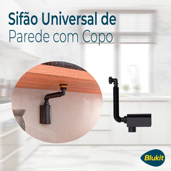 Imagem de Sifão Universal Preto Linha Black Com Copo Parede Completo Kit C/ 2