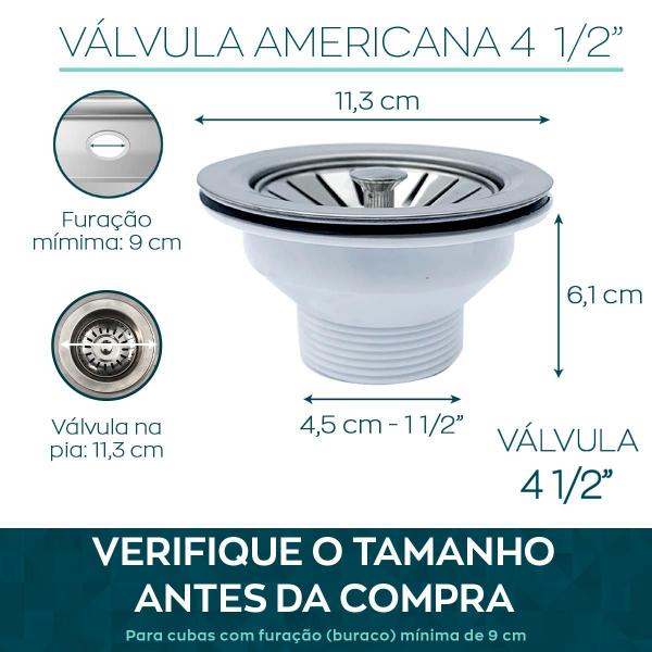 Imagem de Sifao Universal Sanfonado Flexível e Valvula Higienica 4 1/2 Inox Ralo Pia Com Cesto Escoamento Cuba Tubo Extensível Ajustavel Kit Instalação Cozinha