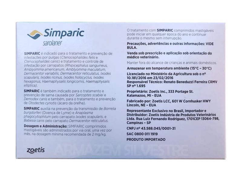 Imagem de Simparic 10 A 20 kg 40mg 3 Comprimidos Mastigáveis Palatáveis Pulgas Carrapatos Sarnas