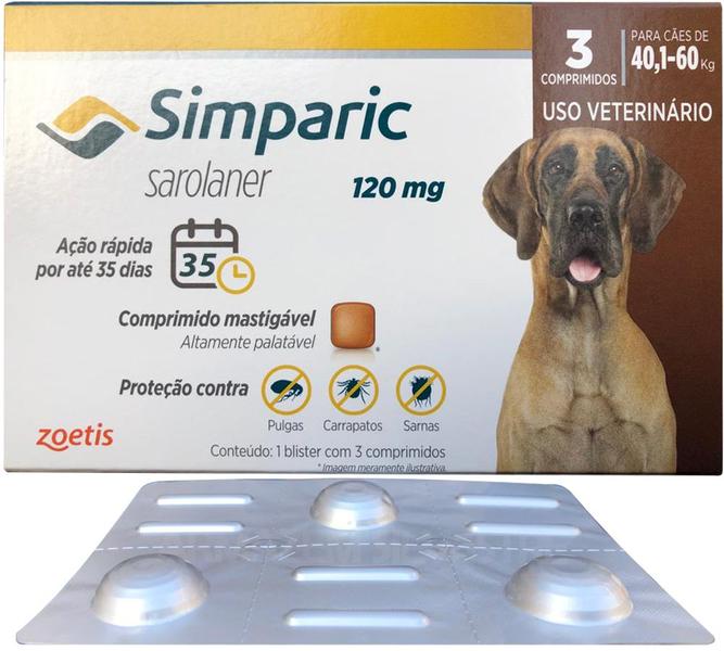 Imagem de Simparic 40 A 60 kg 120mg 3 Comprimidos Mastigáveis Palatáveis Pulgas Carrapatos Sarnas