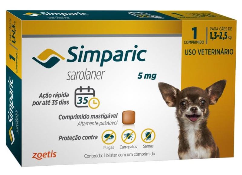 Imagem de Simparic Antipulgas e Carrapatos 5mg - 1,3 a 2,5kg Zoetis 1cpr